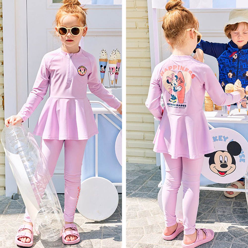 UPF 50+二件式長袖泳裝(附遮脖泳帽)-卡通人物米妮-粉紫