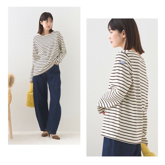 日本 OMNES - [必收款]100%棉 條紋船領長袖上衣-杏x紅