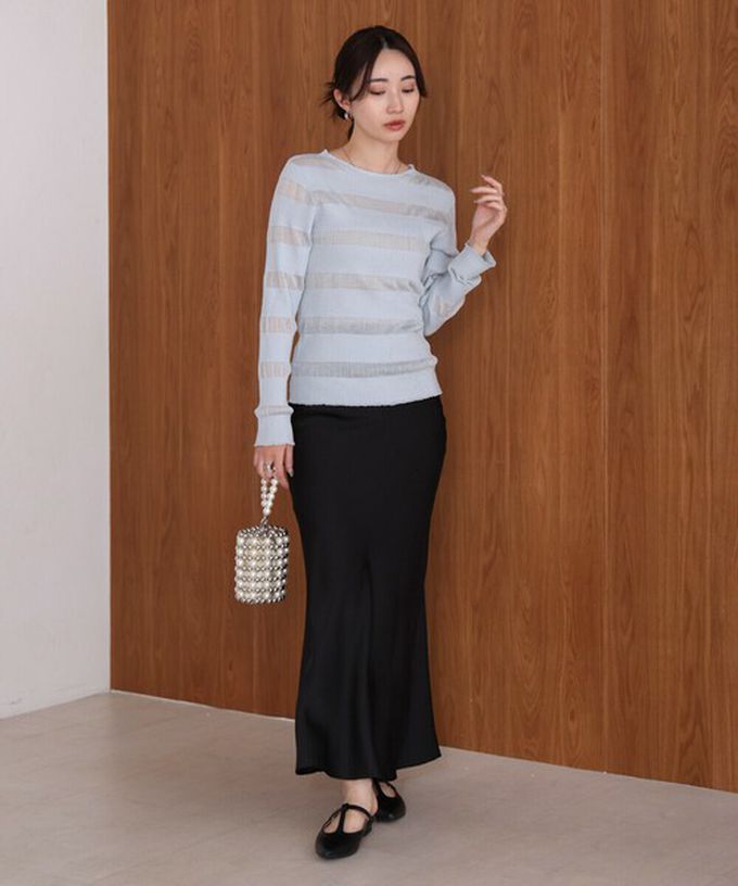 日本 Bab - 魅力條紋透膚針織長袖上衣-灰