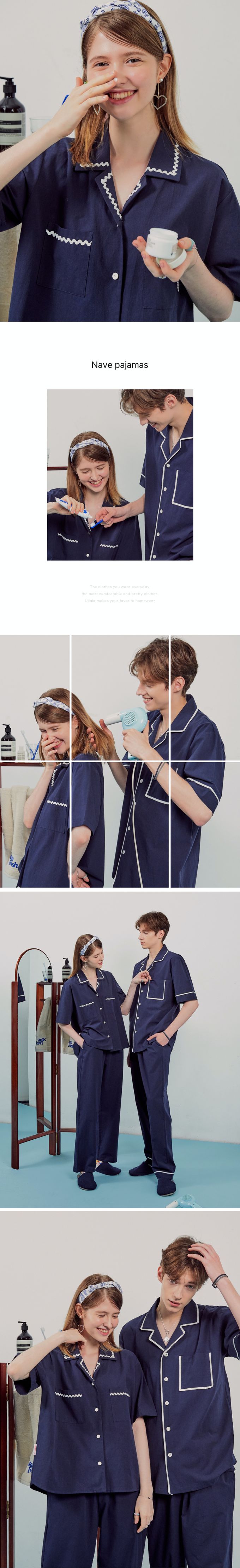 韓國 ULLALA - (情侶款)經典純色短袖長褲睡衣套裝-女款-深藍 (FREE)