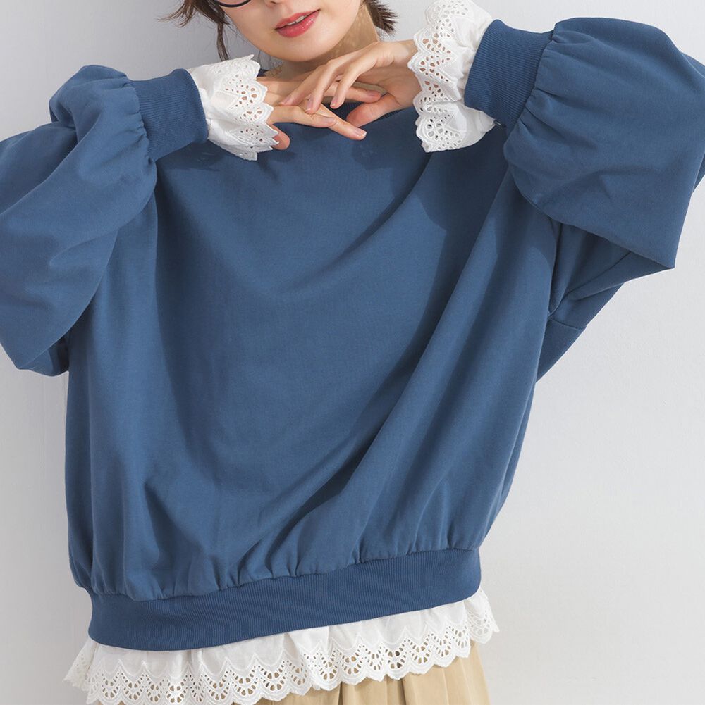 貝殼蕾絲下擺俏麗層次感大學T-海軍藍
