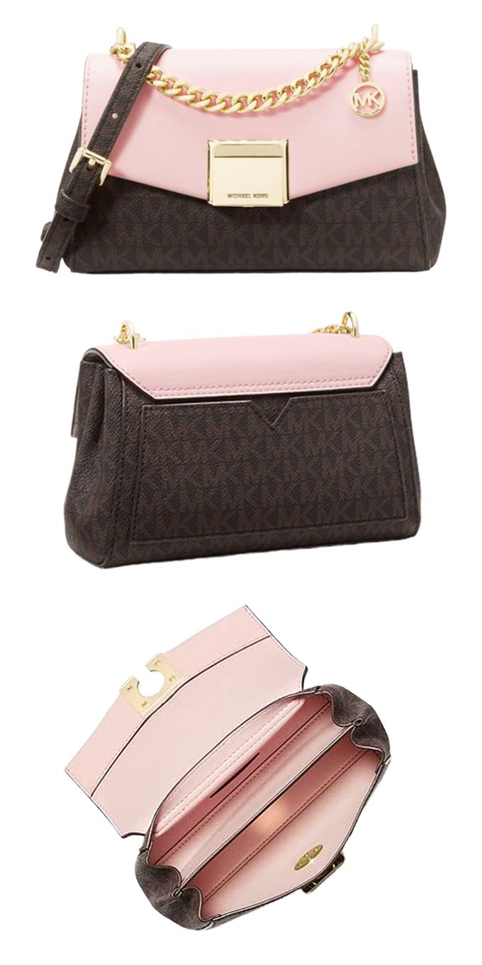 MICHAEL KORS - 滿版LOGO皮革翻蓋斜背包-咖粉