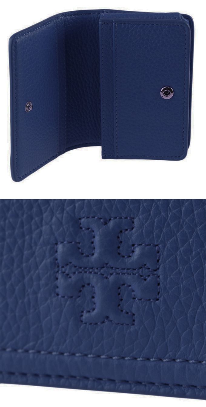 TORY BURCH - 雙T-LOGO素面皮革短夾 (深藍)