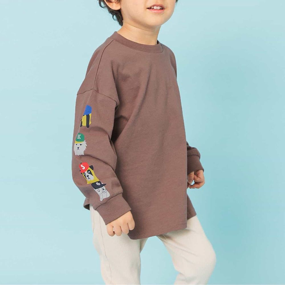 雙手可愛印花長袖上衣-帽子狗狗-咖啡