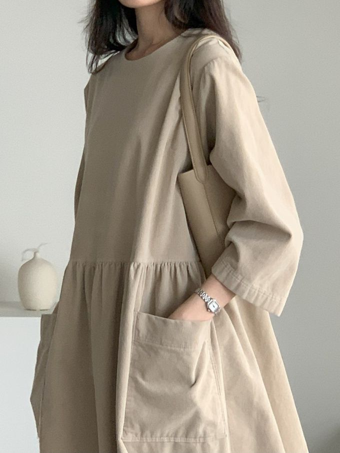 韓國女裝連線 - 極簡大口袋燈芯絨連身洋裝-米杏 (FREE)