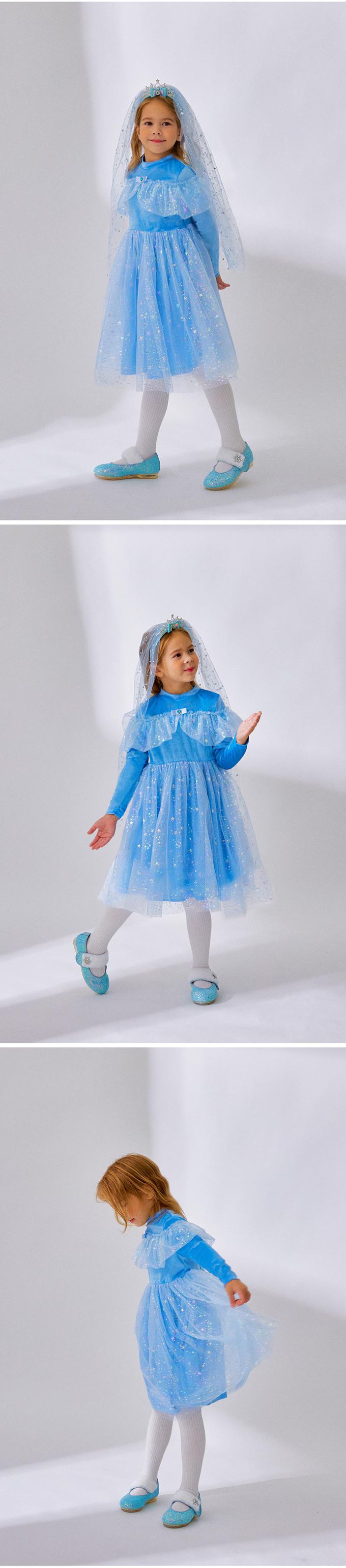 韓國 OZKIZ - (附髮箍)冬日公主星星亮片網紗洋裝-天空藍