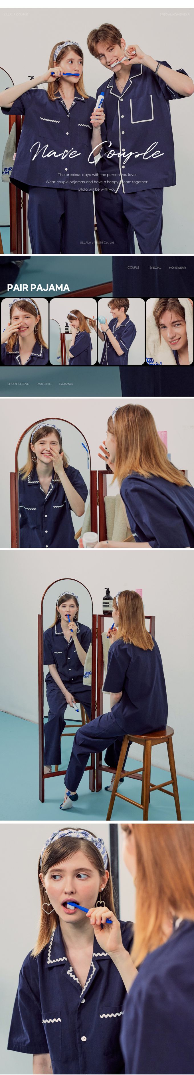 韓國 ULLALA - (情侶款)經典純色短袖長褲睡衣套裝-女款-深藍 (FREE)