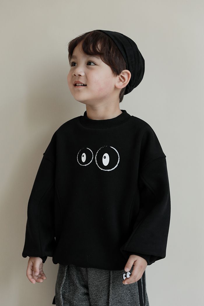 TONGMO - (加絨)圓領長袖上衣/大學T-大眼睛-黑色