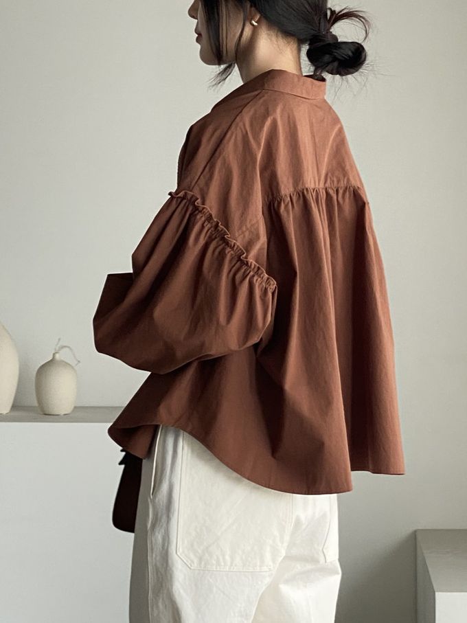韓國女裝連線 - 極簡拼接翻領長袖襯衫-咖啡紅 (FREE)