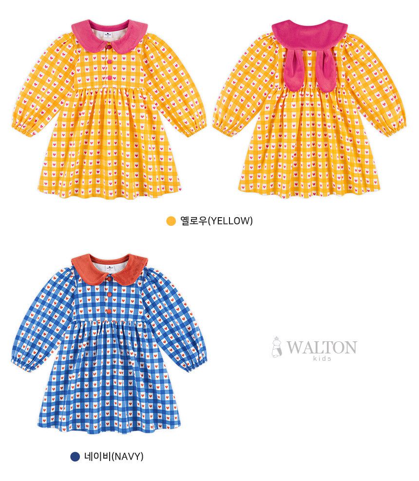 韓國 WALTON kids - 格紋愛心兔兔翻領連身洋裝-藍