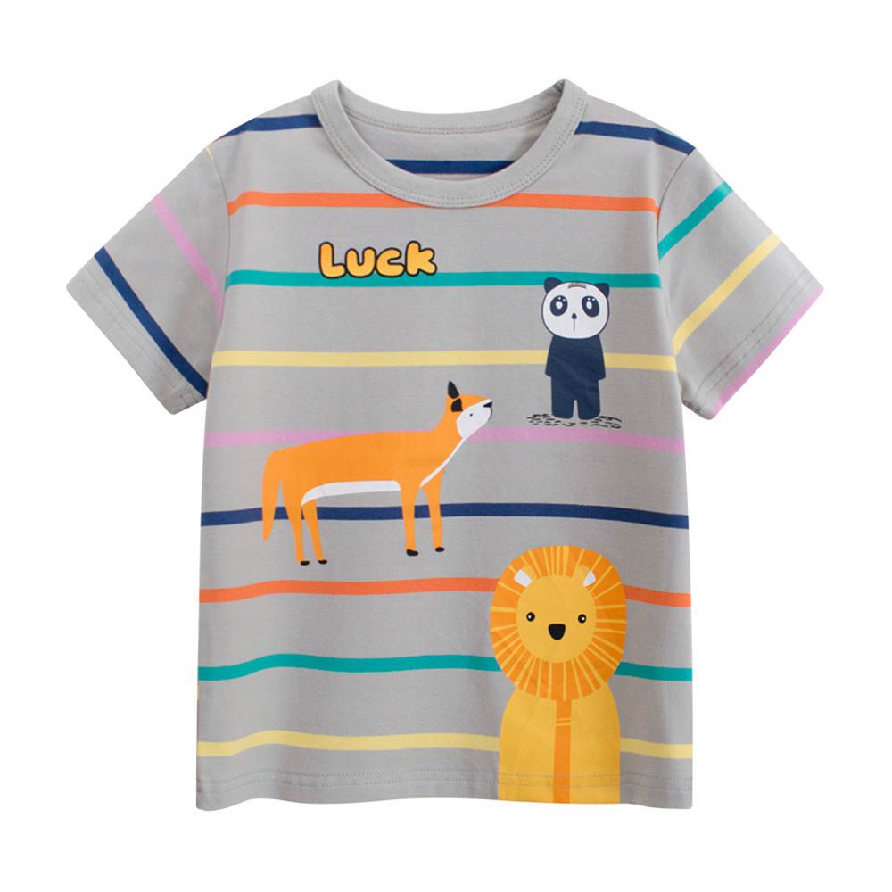 棉質短袖上衣-幸運動物-灰色彩條