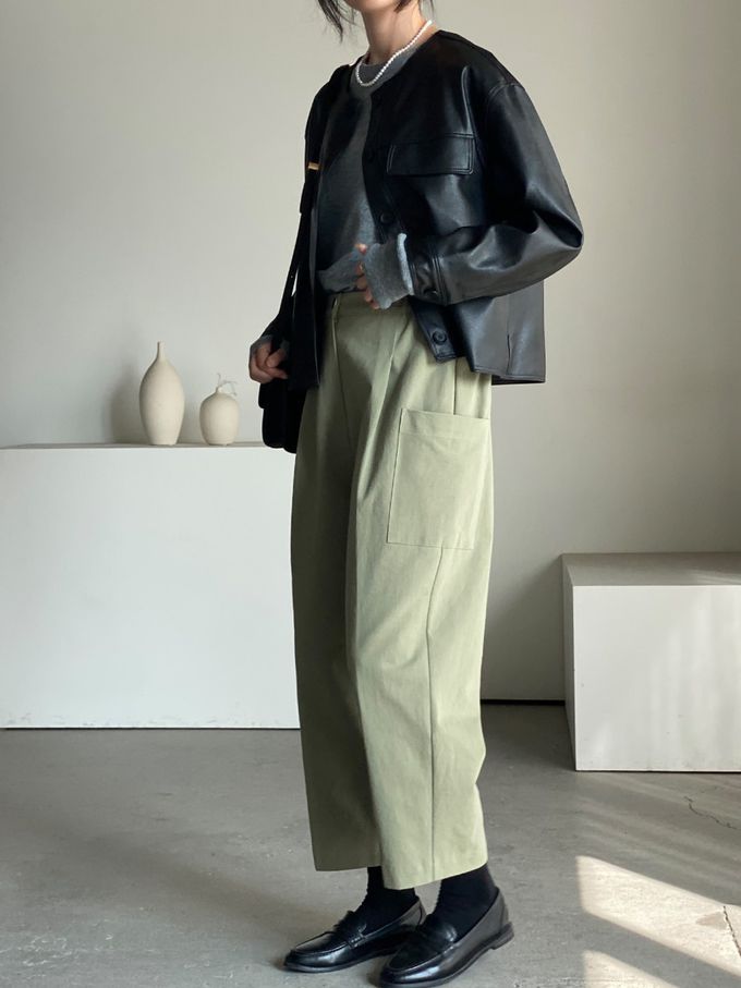 韓國女裝連線 - 鬆緊腰雙口袋錐形修飾長褲-軍綠 (FREE)