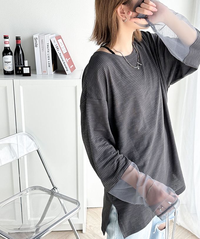 日本 Classical Elf - 寬鬆感薄紗拼接長袖上衣-指孔設計-黑