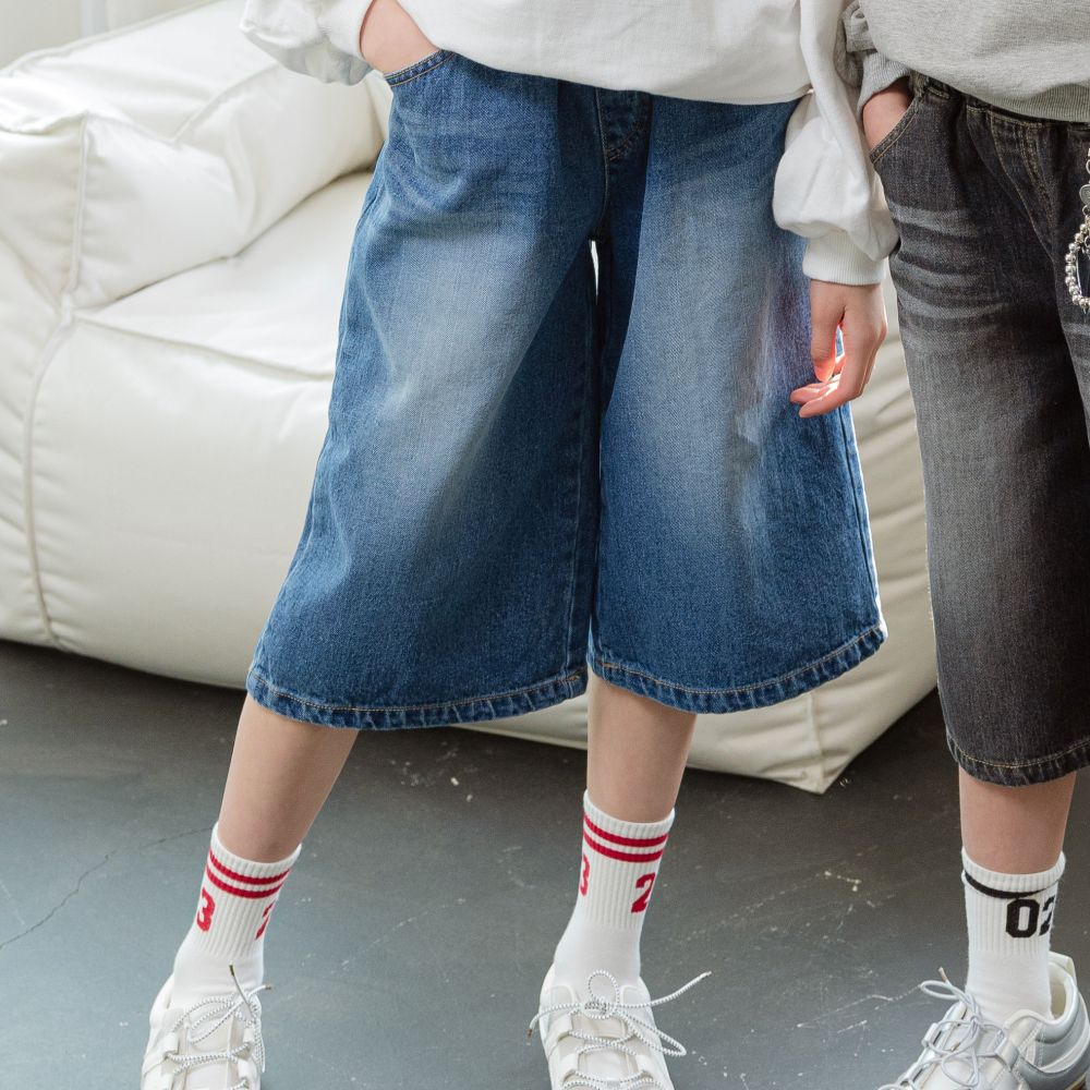 sm2 鬆緊腰復古水洗刷色過膝丹寧褲-中青