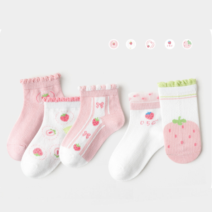 love, charlotte - 花邊可愛草莓粉色網眼短筒襪-5 雙一組