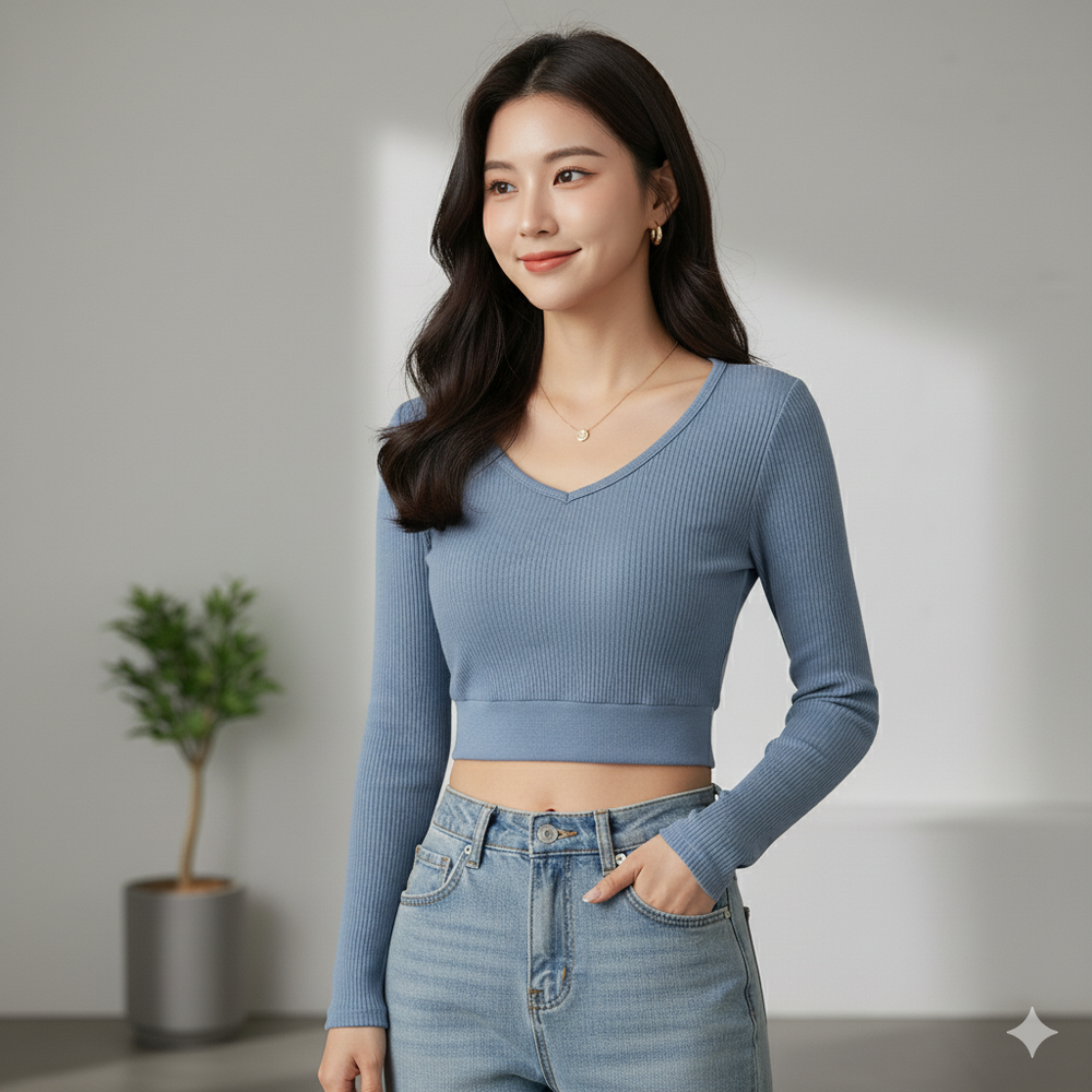 V領中短版長袖BRA TOP/附罩杯上衣-牛仔藍