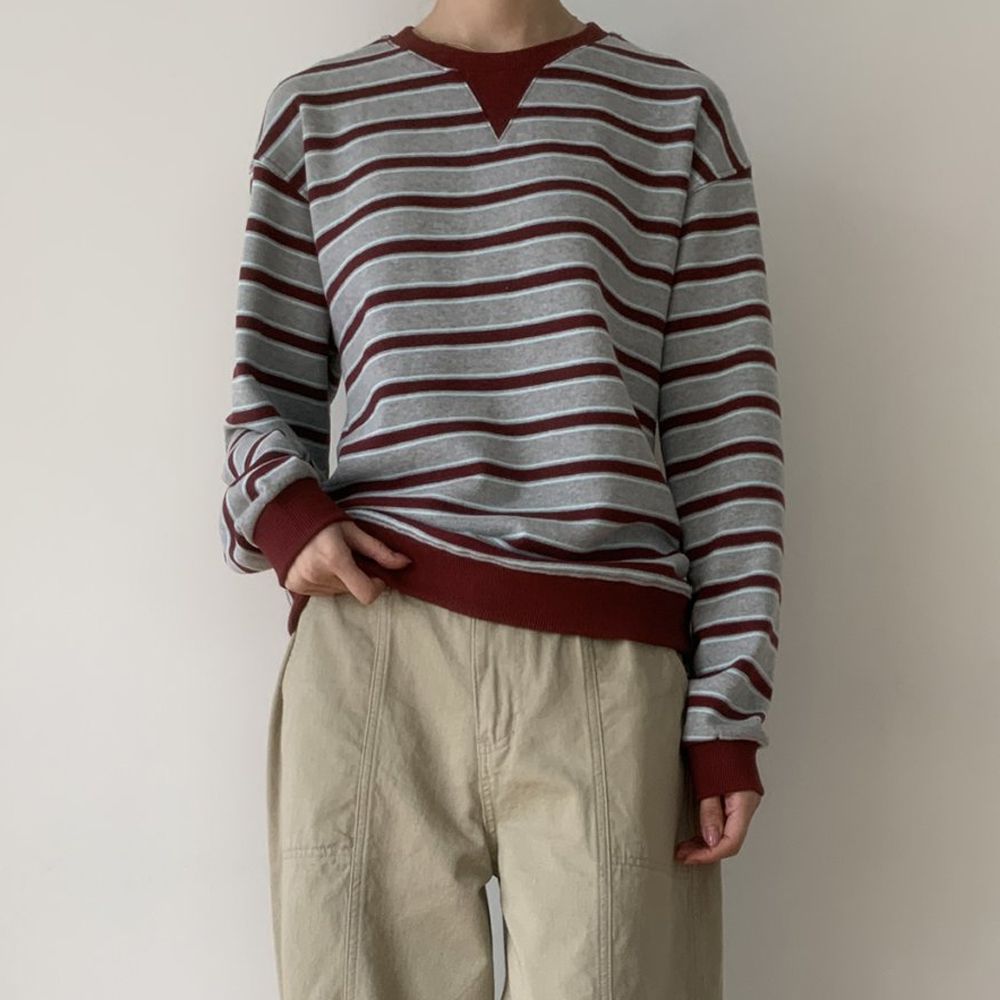 輕便休閒條紋圓領長袖大學T-酒紅X淺灰 (FREE)
