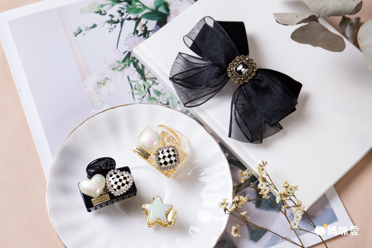 網紗水鑽蝴蝶結髮夾-方形水鑽-黑色