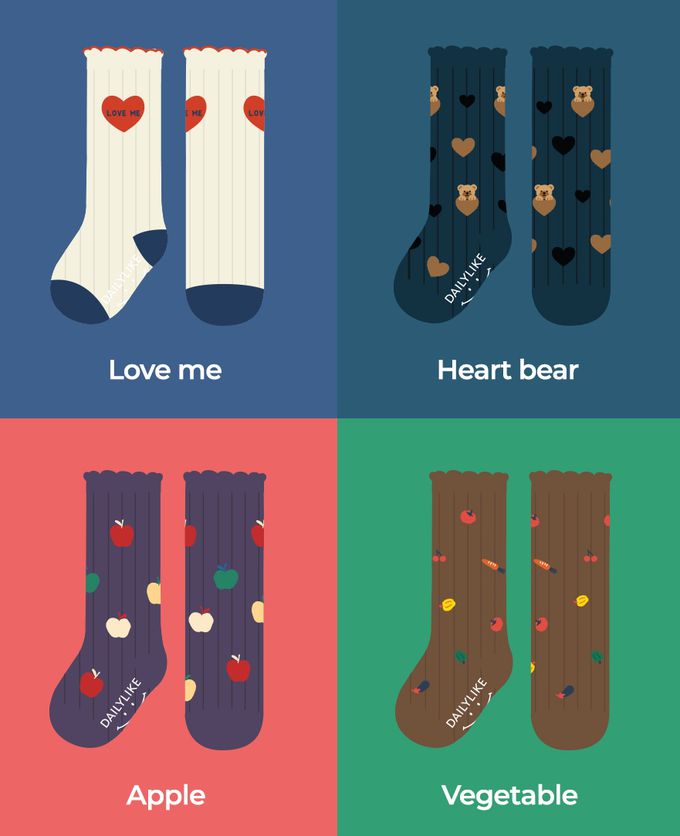 韓國 Daily Like - 兒童襪子/長筒襪4入組-愛心蘋果01