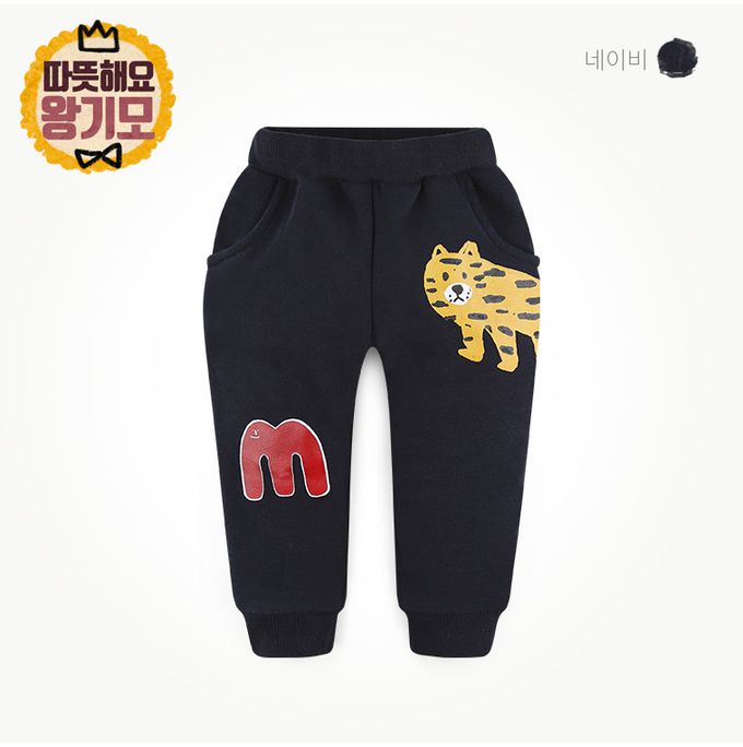 韓國 milk mile - (內刷毛)鬆緊腰休閒縮口長褲-老虎-淺灰