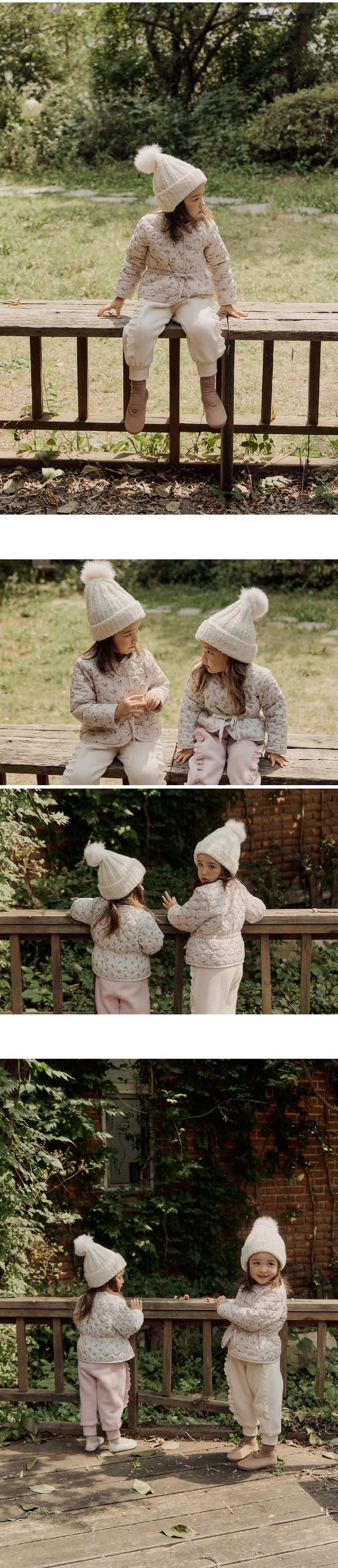 韓國 Puellaflo - 小花無領鋪棉綁帶絎縫外套-淡粉