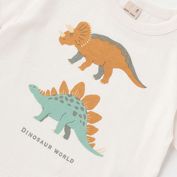 日本 petit main - 百搭印花短袖上衣-恐龍線條-卡其黃