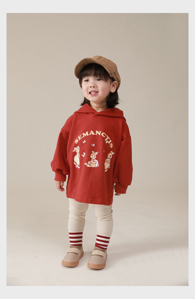 連帽寬鬆長袖帽T-可愛兔兔-紅色