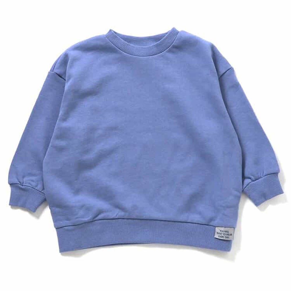 100%棉 落肩寬鬆縮口長袖上衣-素面-藍紫