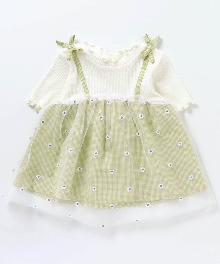 日本 apres les cours - 花朵刺繡拼接夢幻短袖上衣-嫩綠x黑