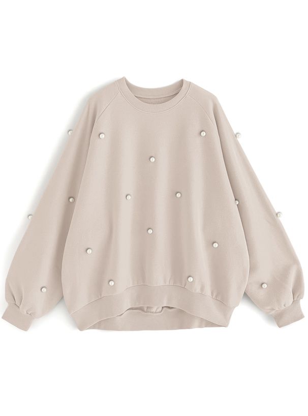 日本 GRL - 圓領磨毛珍珠點綴大學T-灰藍 (F)