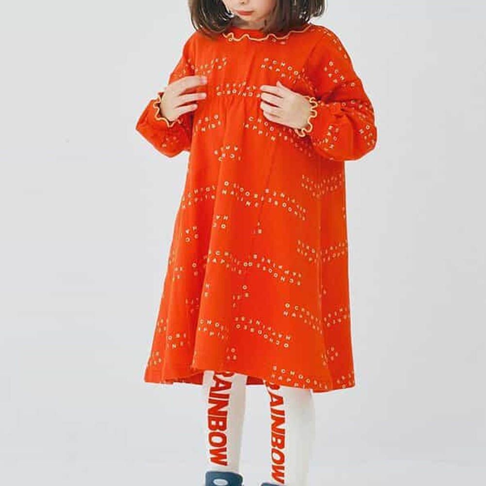 100%棉 可愛復古印花木耳領長袖洋裝-英文LOGO-紅