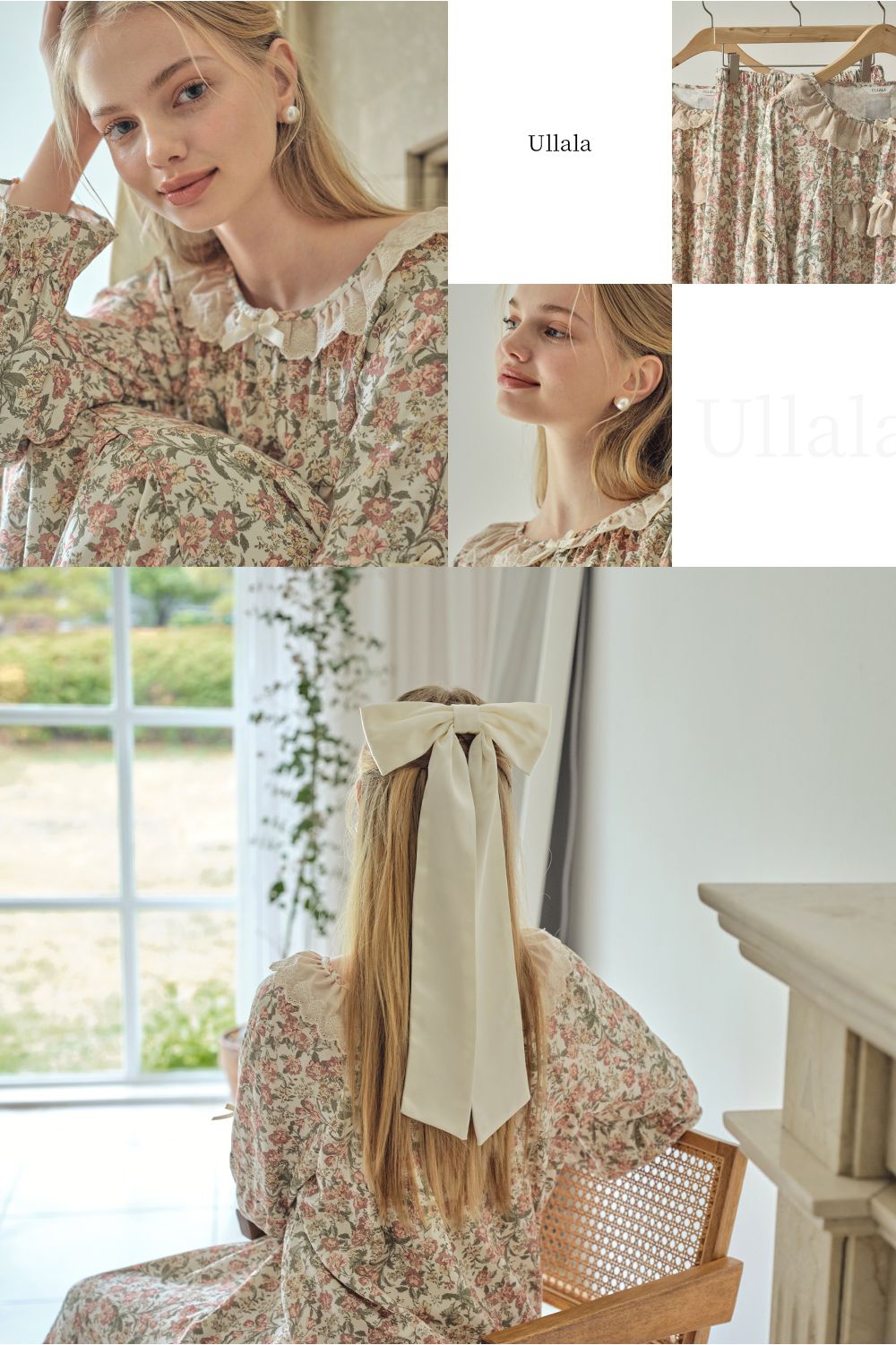韓國 ULLALA - 絕美公主純棉長袖睡衣-(洋裝式)-奶油色 (FREE)