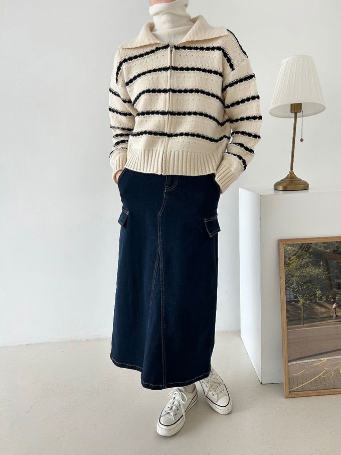 韓國女裝連線 - 勾線條紋針織翻領外套-黑底X米白 (FREE)