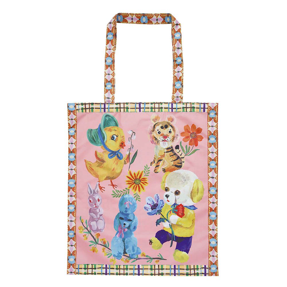 歐風童趣印花托特包/可折疊購物袋-小雞-粉紅