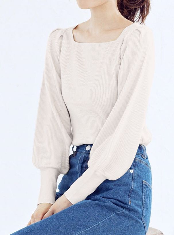 日本 GRL - 百搭方領彈性針織上衣-咖啡