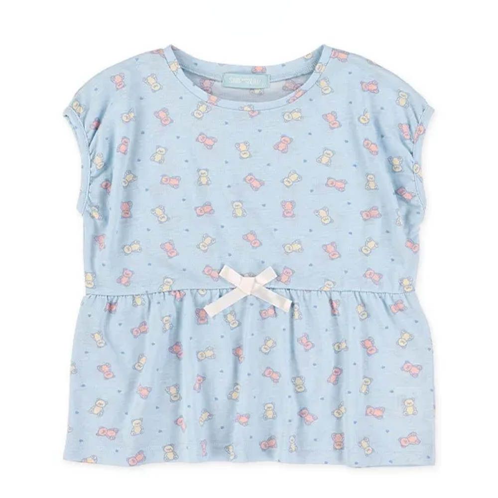 滿版小熊印花法式袖上衣-藍