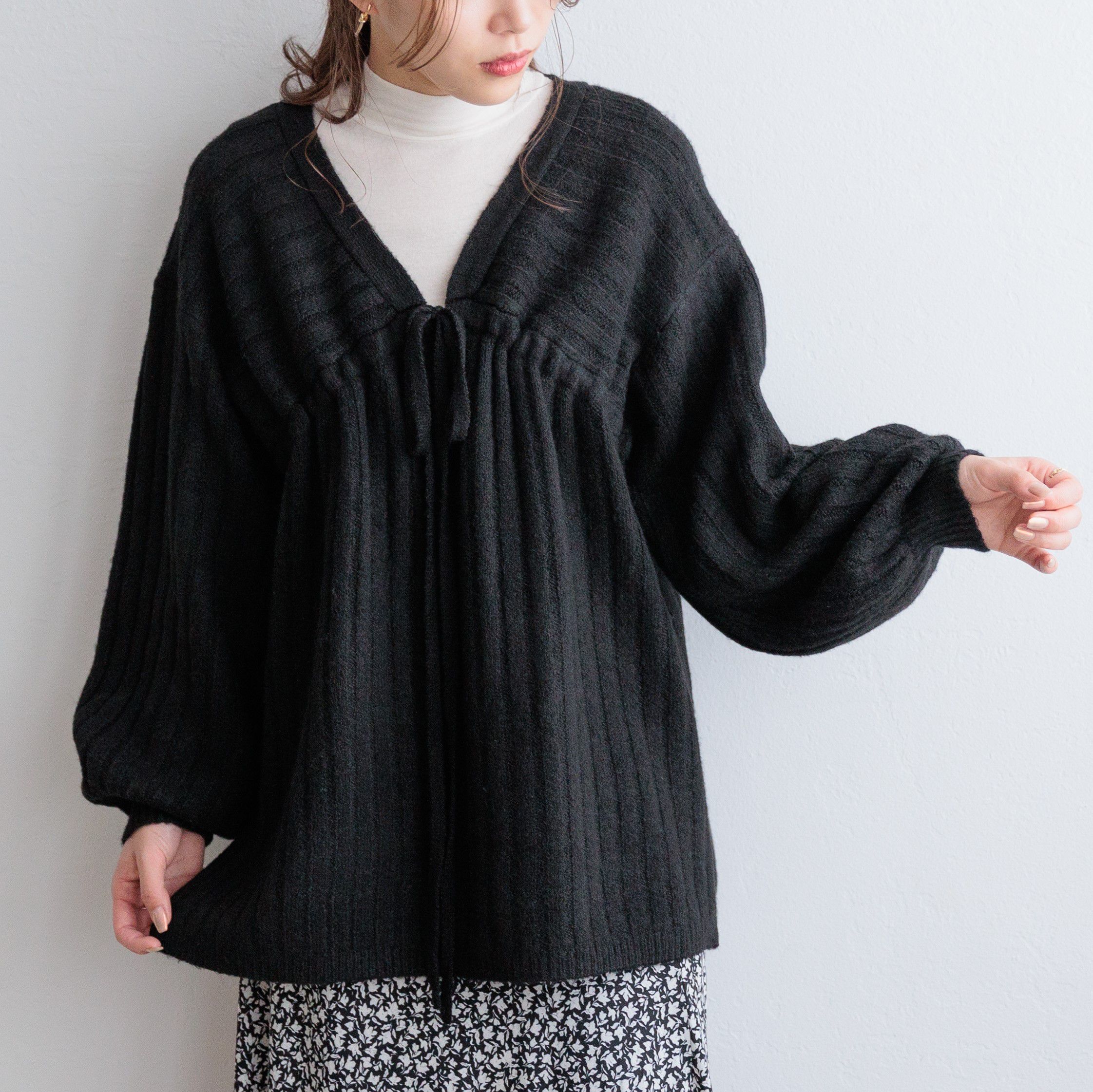 日本 ihuu - 特色綁帶V領針織毛衣-淺灰