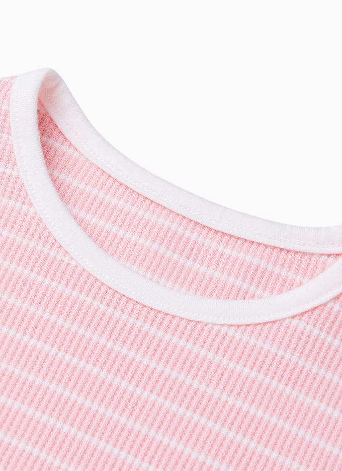 韓國 OZKIZ - 櫻桃點綴條紋長袖上衣-粉X白