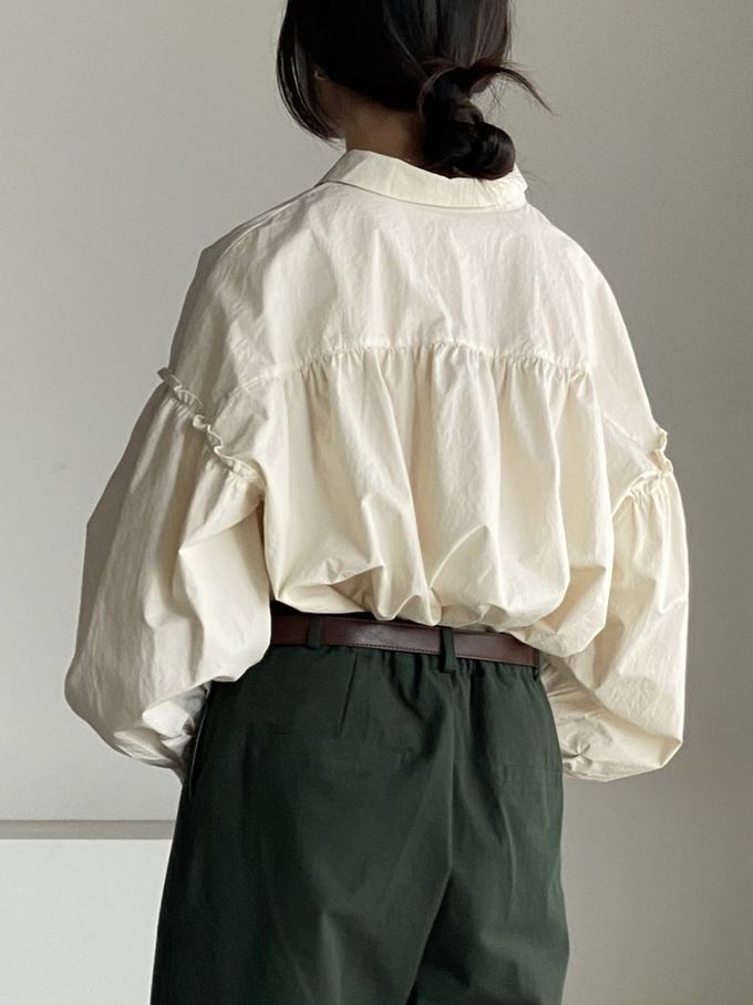 韓國女裝連線 - 極簡拼接翻領長袖襯衫-米杏 (FREE)