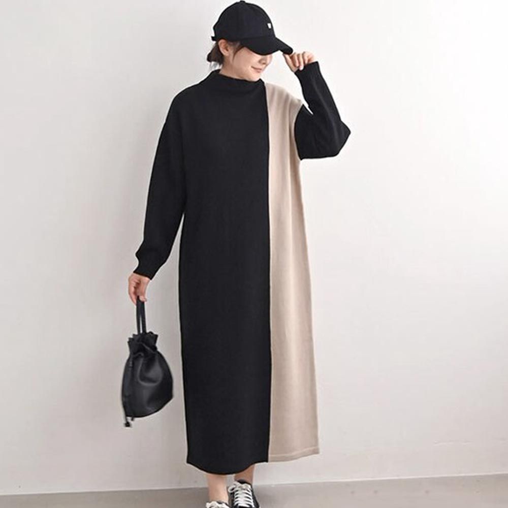 日本 ihuu - 小立領修身顯瘦針織洋裝-黑x卡其