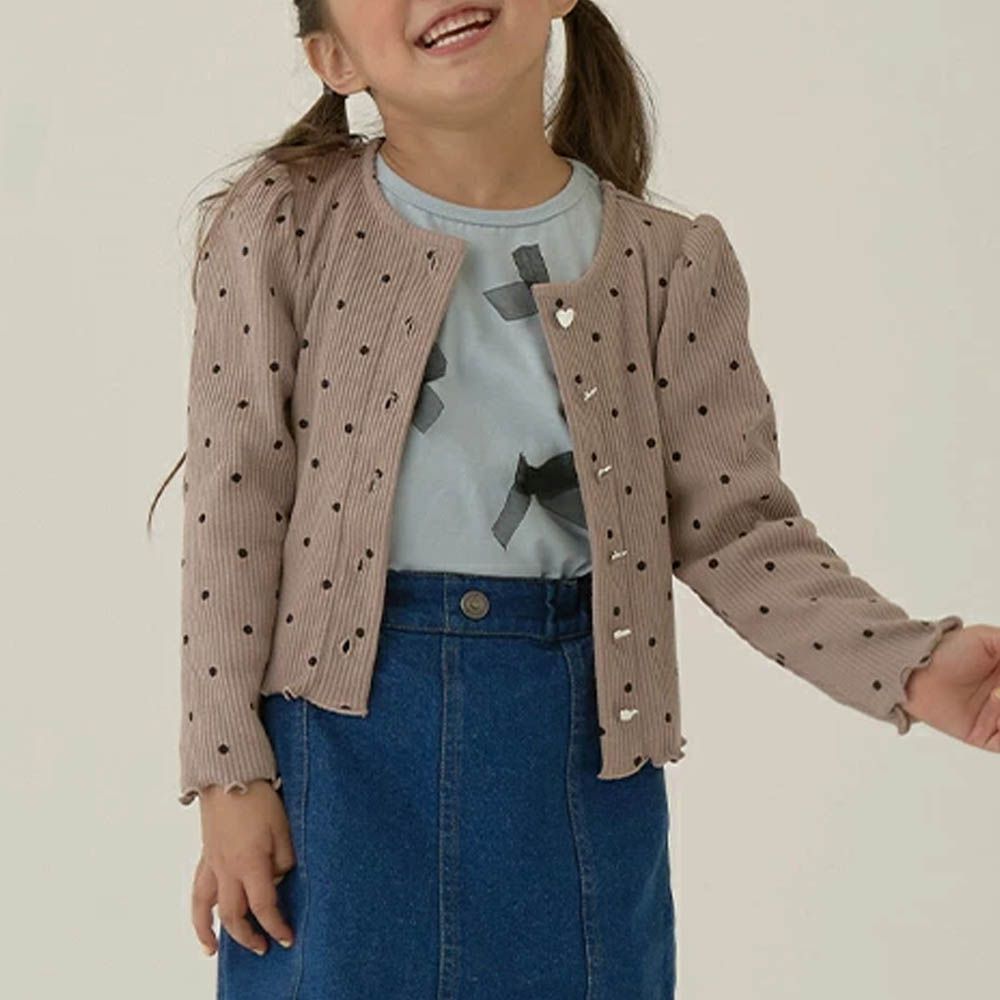 愛心鈕扣羅紋針織薄外套-點點-卡其棕