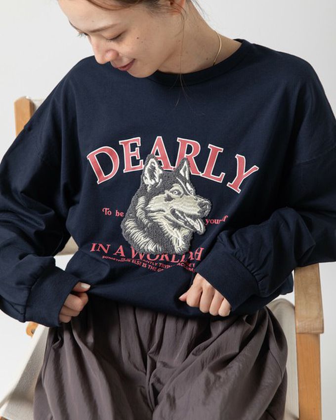 日本 gleam - 相良刺繡哈士奇印花帥氣長袖T恤-白