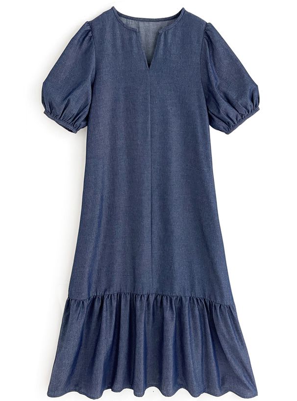 日本 GRL - 文藝少女荷葉領綁帶短袖洋裝-丹寧藍 (F)