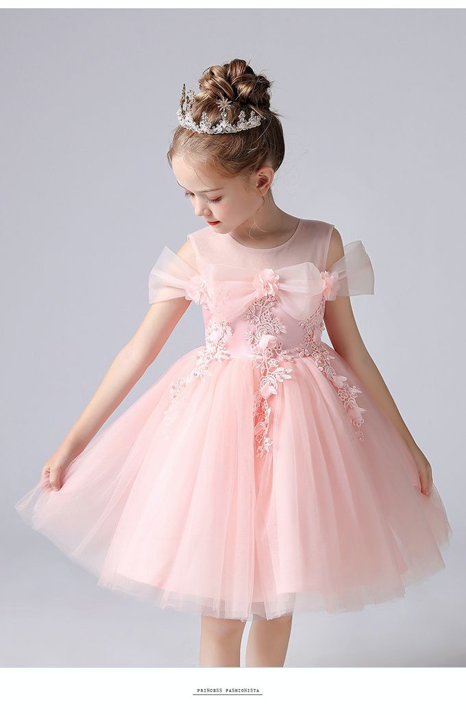 蝴蝶落肩袖網紗花朵小禮服-白色