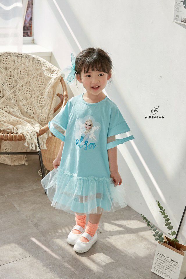 韓國 kikimora - 寬袖Elsa魚尾網紗洋裝-湖水綠