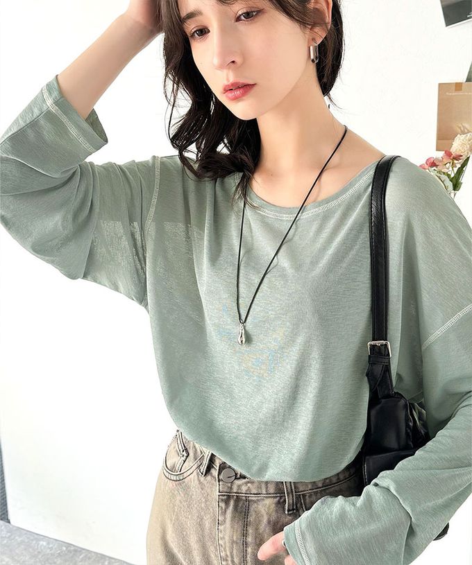 日本 Classical Elf - 透膚感配色線條薄長袖上衣-膚