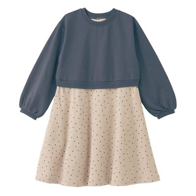 日本千趣會 - 後背蝴蝶結假兩件式長袖洋裝-點點-炭灰X米杏