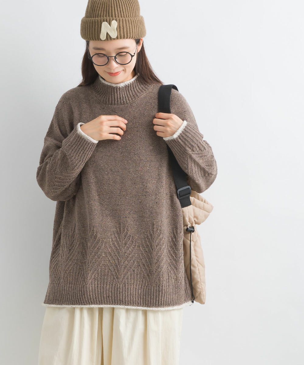 日本女裝代購 - 葉子紋編織滾邊針織毛衣-咖啡