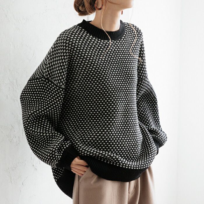 日本 ihuu - 格子編織落肩氣球袖毛衣-磚紅x杏