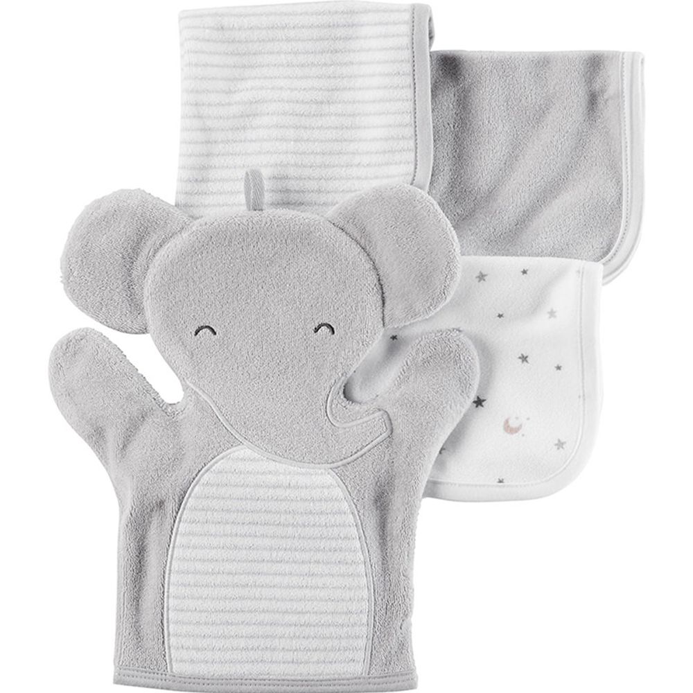 美國 Carter's - 嬰幼兒動物款式洗澡巾+洗澡手套四入組-大象